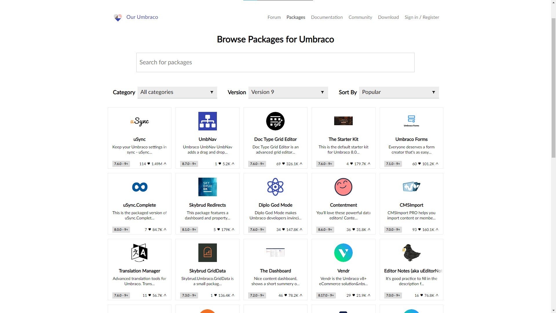 Umbraco packages selection screenshot