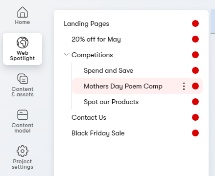 Kontent Web Spotlight interface listing landing pages