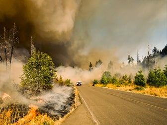 Car driving along a road surrounded by bush fire smoke
