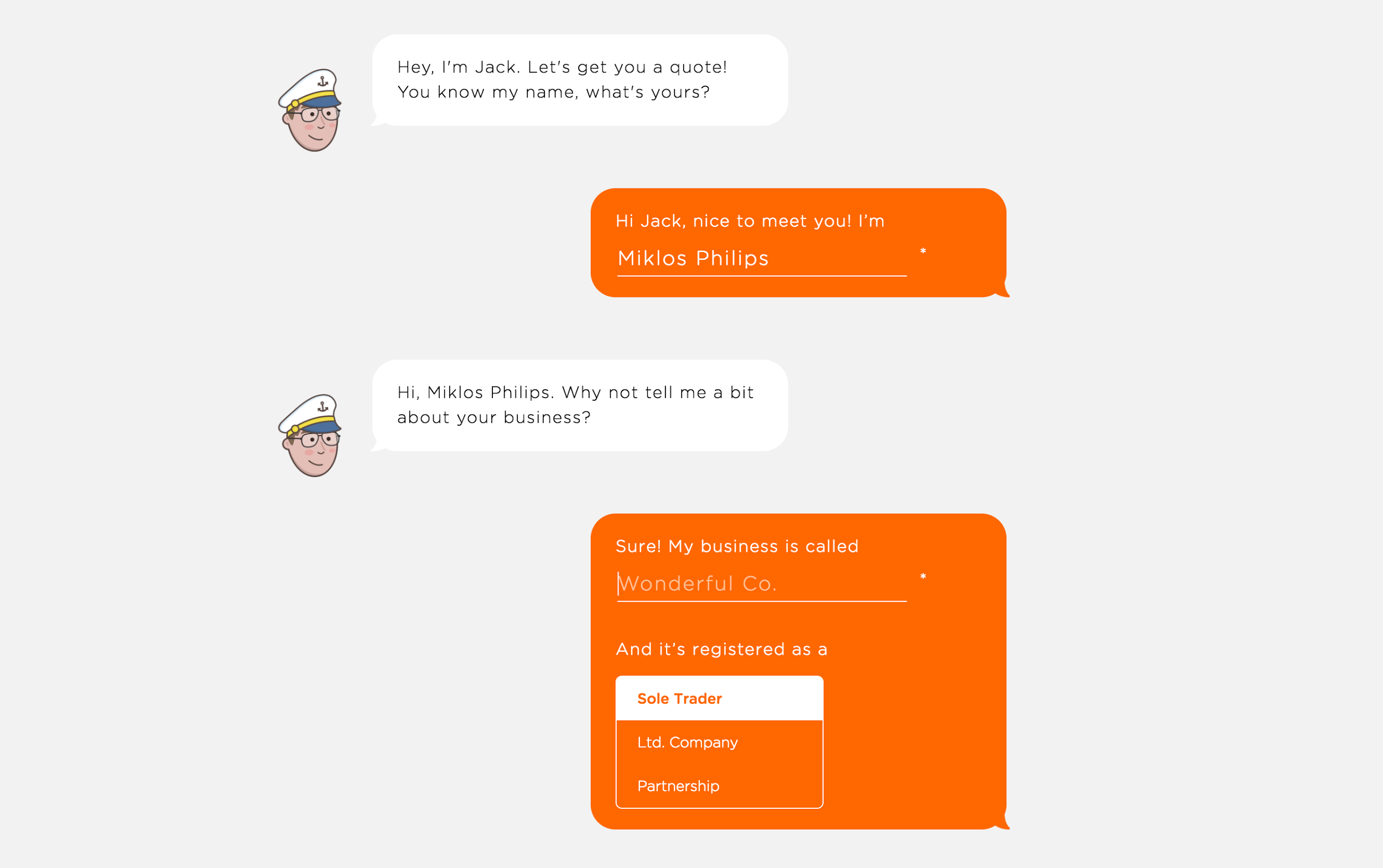 Screengrab from Jack Insurance conversational interface